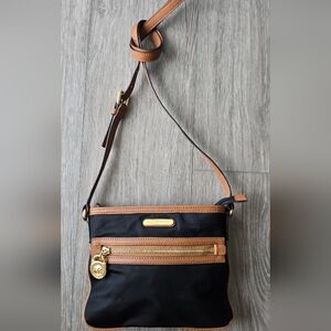 Michael Kors Nylon Crossbody Black Tan Gold Hardware MK Logo Zip Pocket
